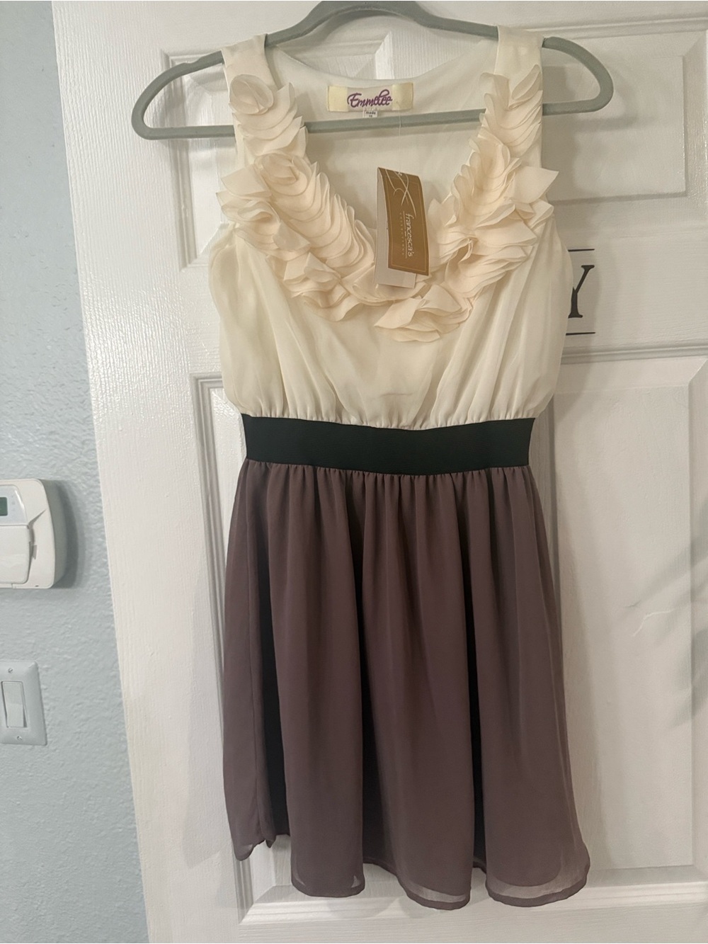 Emmelee for F.C. Cream Bodice with Taupe Skirt and Black Waistband Mini Dress